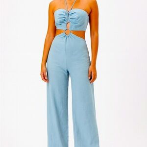 Emory Park Blue halter crop top featuring cut-out details and large metal